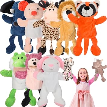 Wettarn 10 Pcs Animal Hand Puppets 12 Inch Soft Plush Lion Orangutan Giraffe Tiger Pig Elephant Plush Hand Toddler Puppets for Boys and Girls Kids Storytelling, Teaching, Role PlayingCute Style