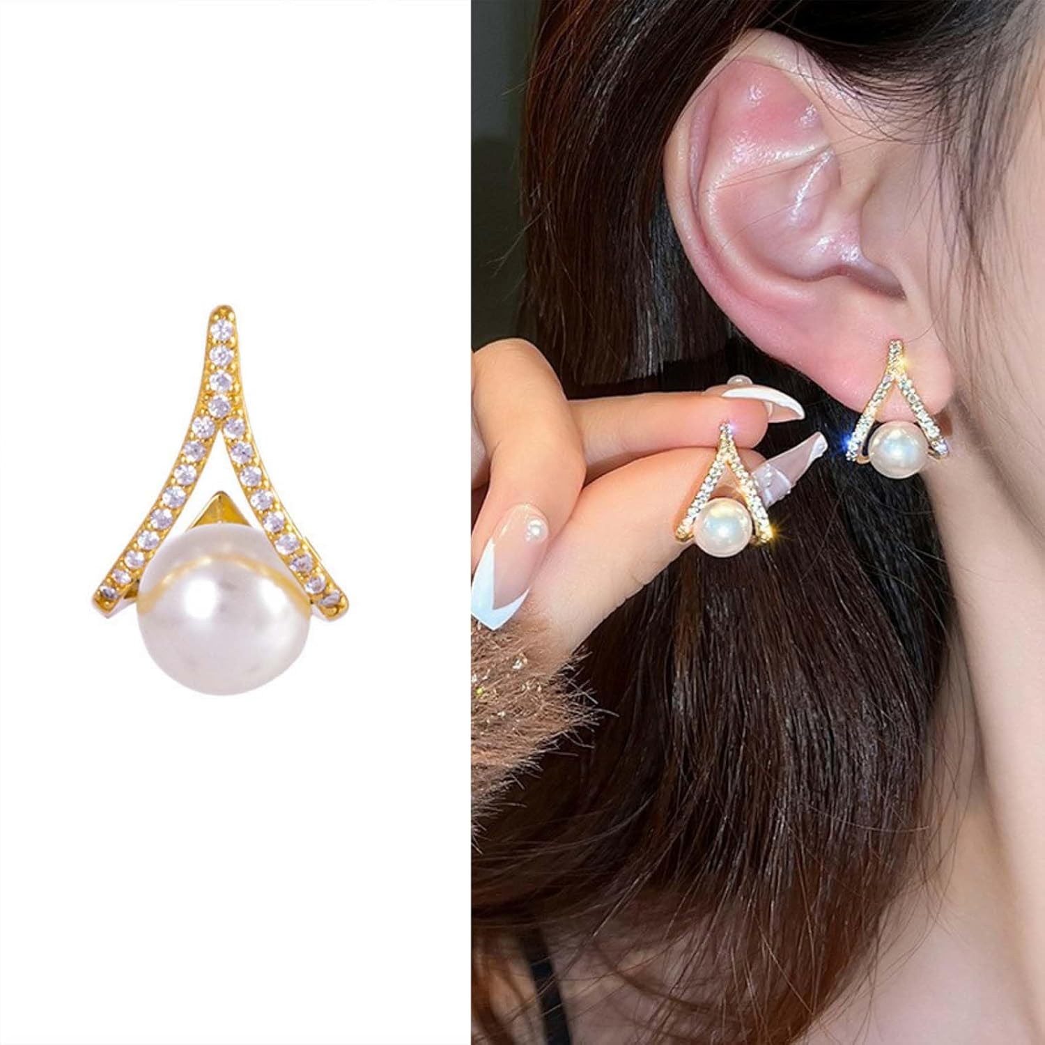 W WEILIRIAN Vintage Pearl Dangle Earrings Pearl Drop Earrings Gold Pearl Bead Earrings Crystal Arc Bar Earrings Pearl Wedding Earrings Jewelry for Women - Image 5