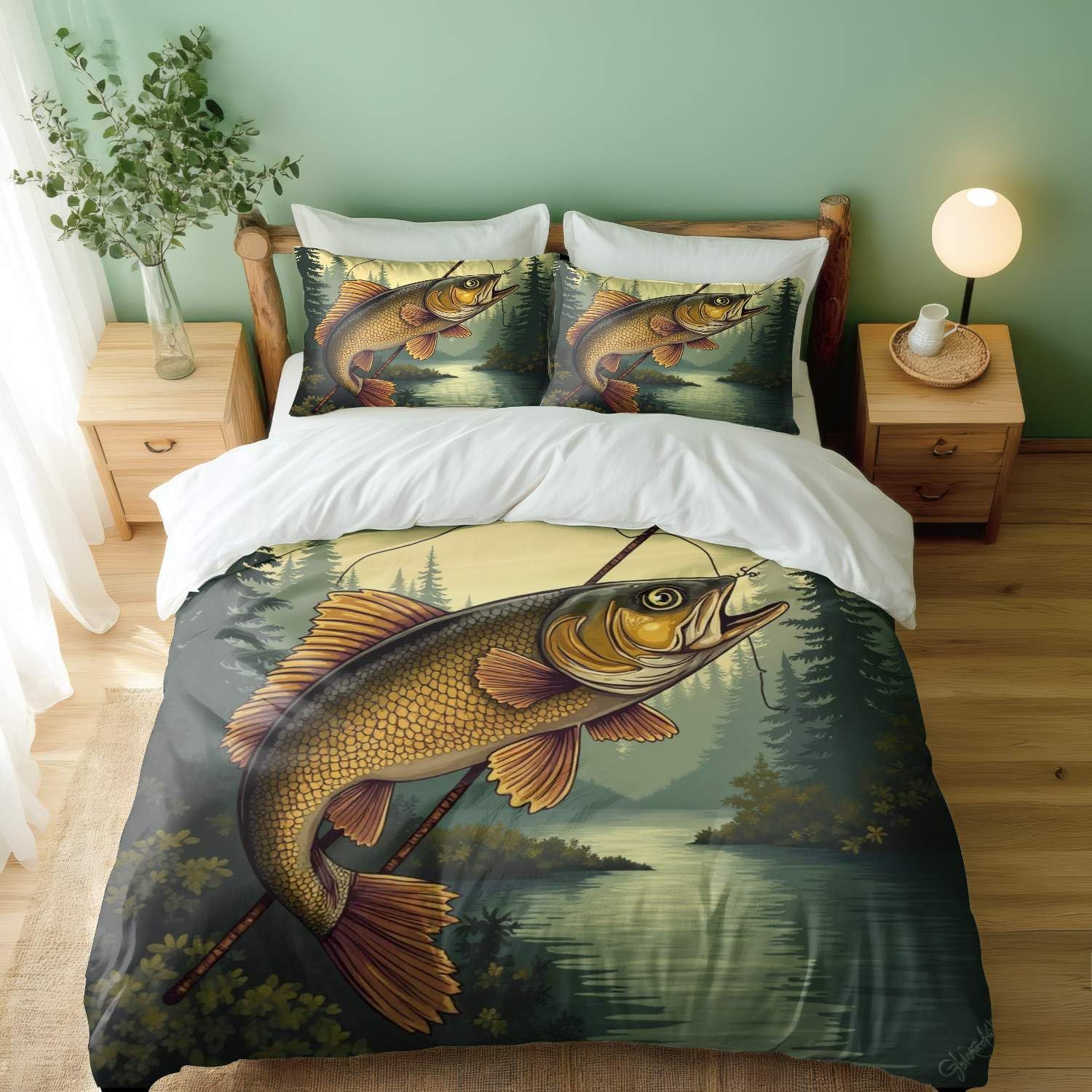 Housse de couette lac et forêt pour une ambiance chalet et nature au lit