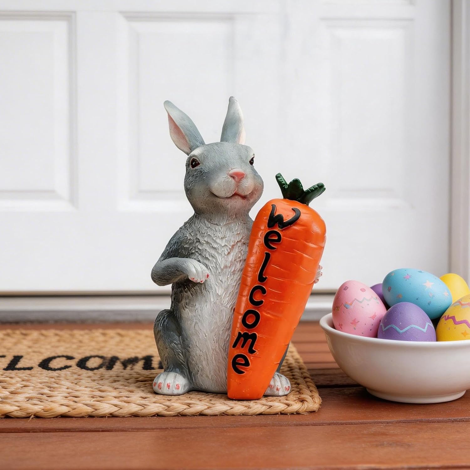 M.A.K Gray Rabbit Statue with Welcome Carrot - Resin Bunny Figurine for Garden, Porch & Home Decor, Indoor/Outdoor Ornament (Welcome Bunny)