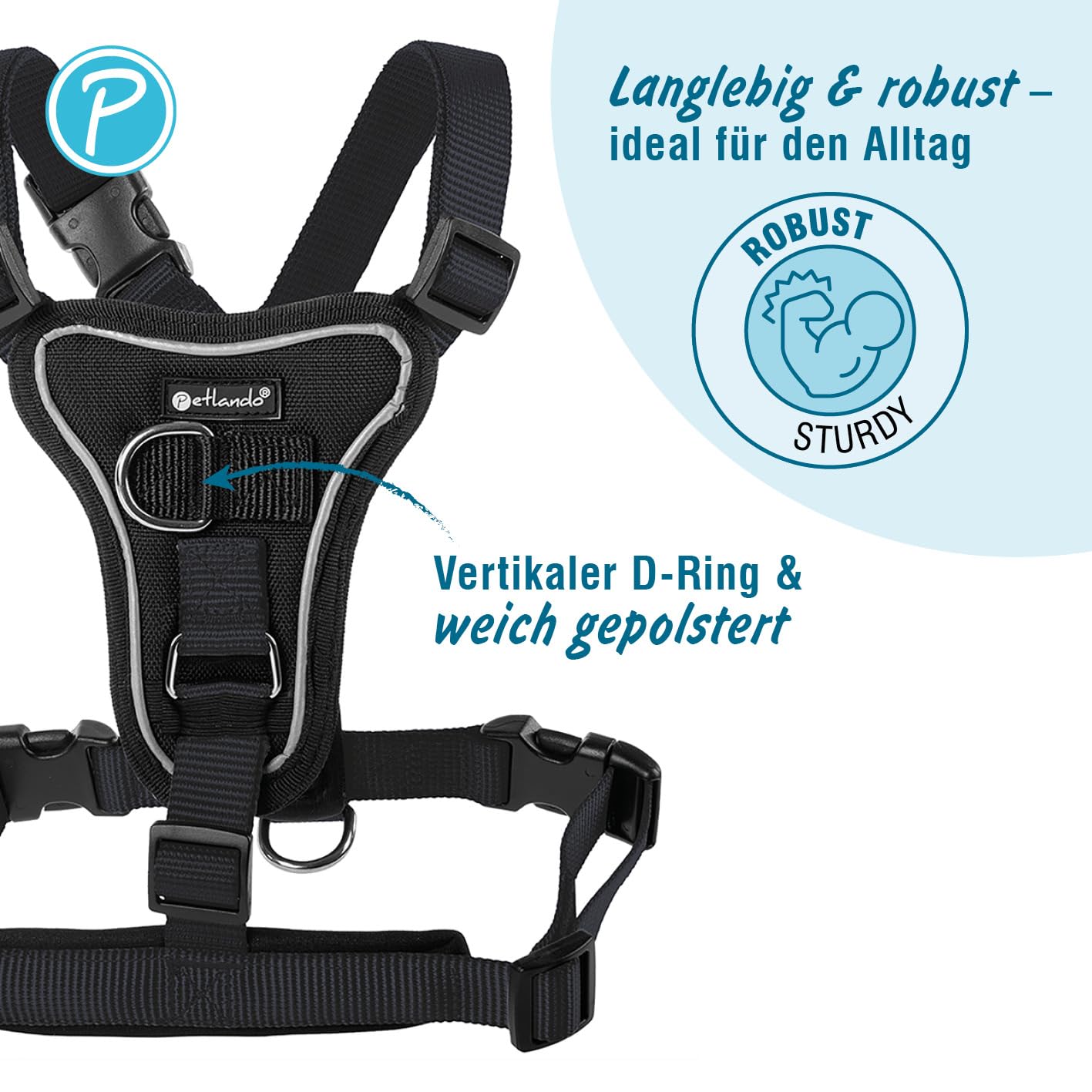 Petlando Hundegeschirr Anti Zug, Basic Comfort Plus, Schwarz, S | Vertikaler Brust-D-Ring, Ohne Über-Kopf-Ziehen, Stufenlos verstellbar, Gepolstert, Geschirr für kleine Hunde