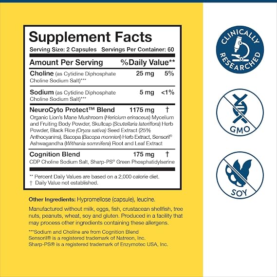 Researched Nutritionals BDNF Essentials Brain Supplement, 120 Capsules | Lion's Mane Mushroom & Bacopa Monnieri, Supports Neuroplasticity & Healthy Cortisol Levels, Clinically Researched