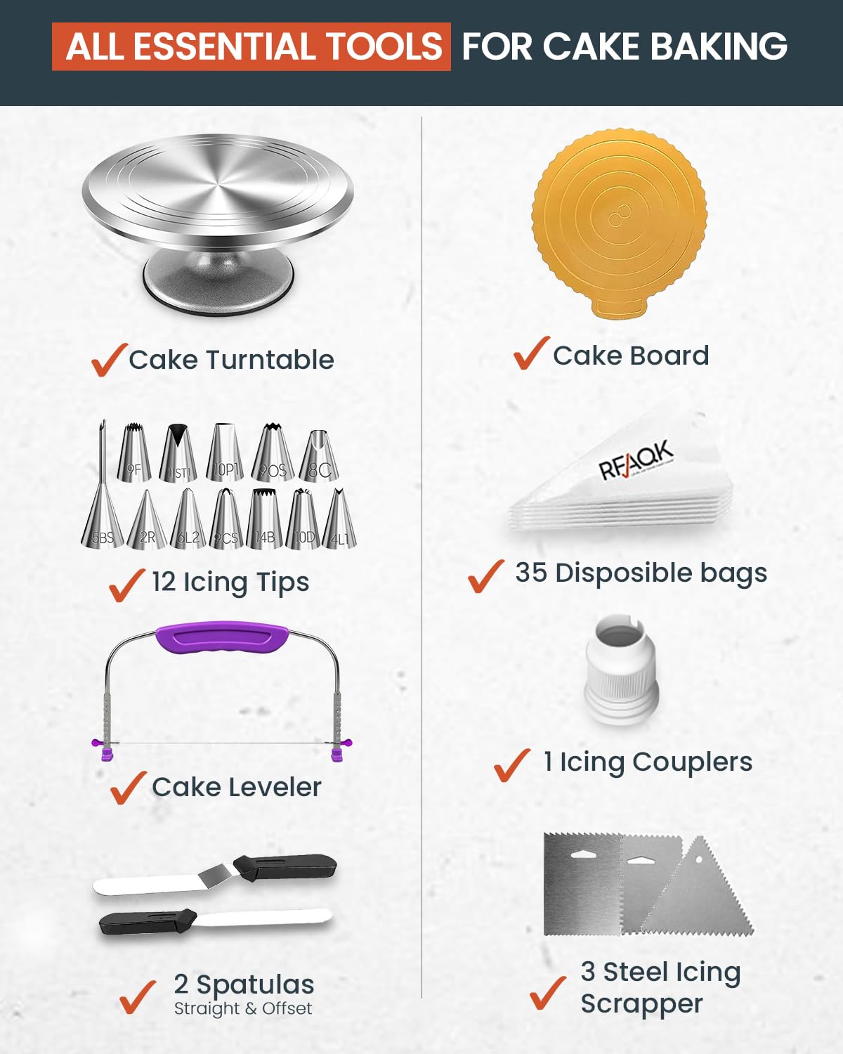 RFAQK Juego de 50 Tocadiscos para Tartas, de aleación de Aluminio de 12 Pulgadas, Kit Profesional de decoración de Pasteles con espátula de glaseado Recta y Compensada, boquillas y Bolsas de glaseado