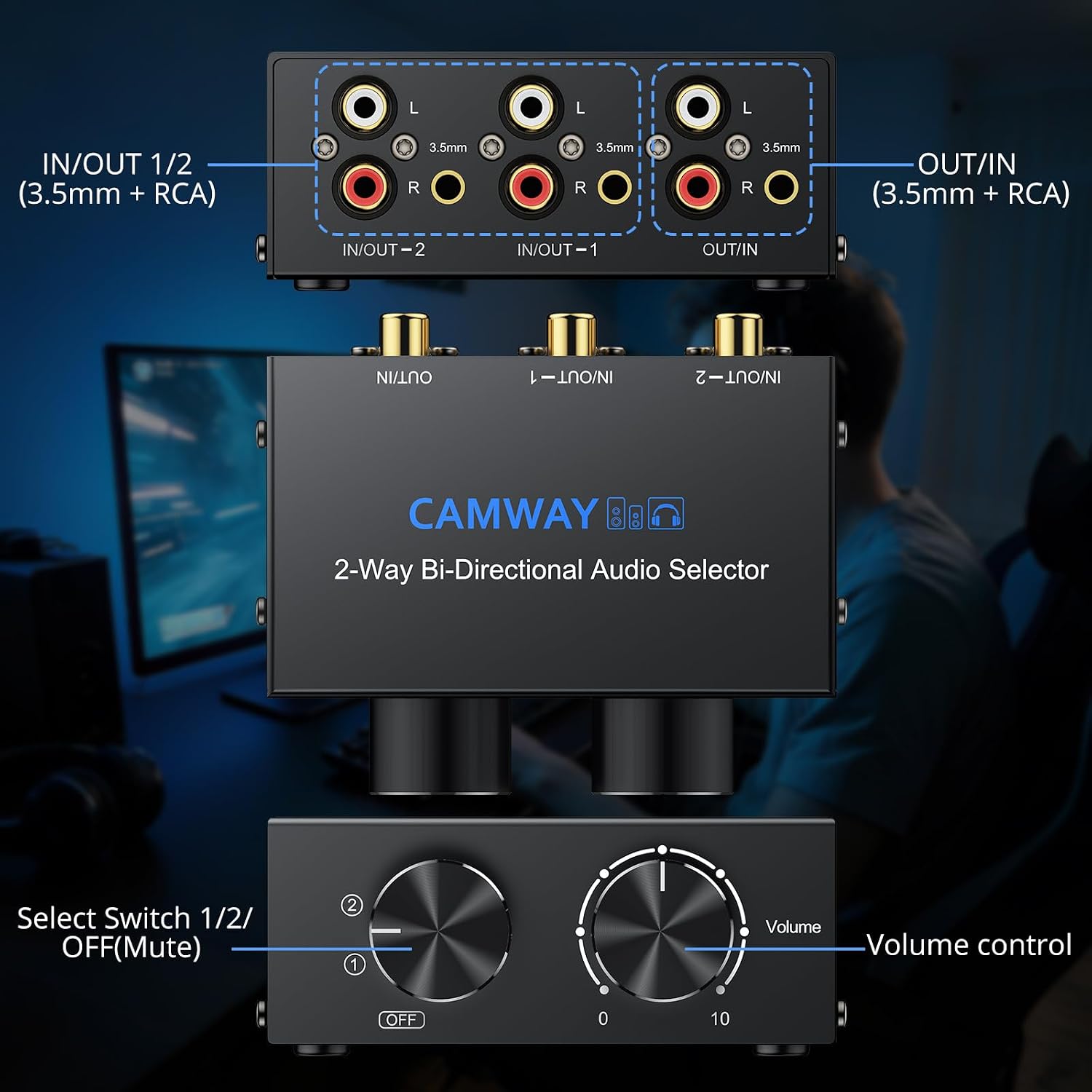 CAMWAY 2X1,1X2 RCA Switcher - RCA L/R and Aux 3.5mm Bi-Directional Stereo Audio Selector Box, Portable with Volume/Off Knob,Professional Audio Splitter for Multiple Audio Source