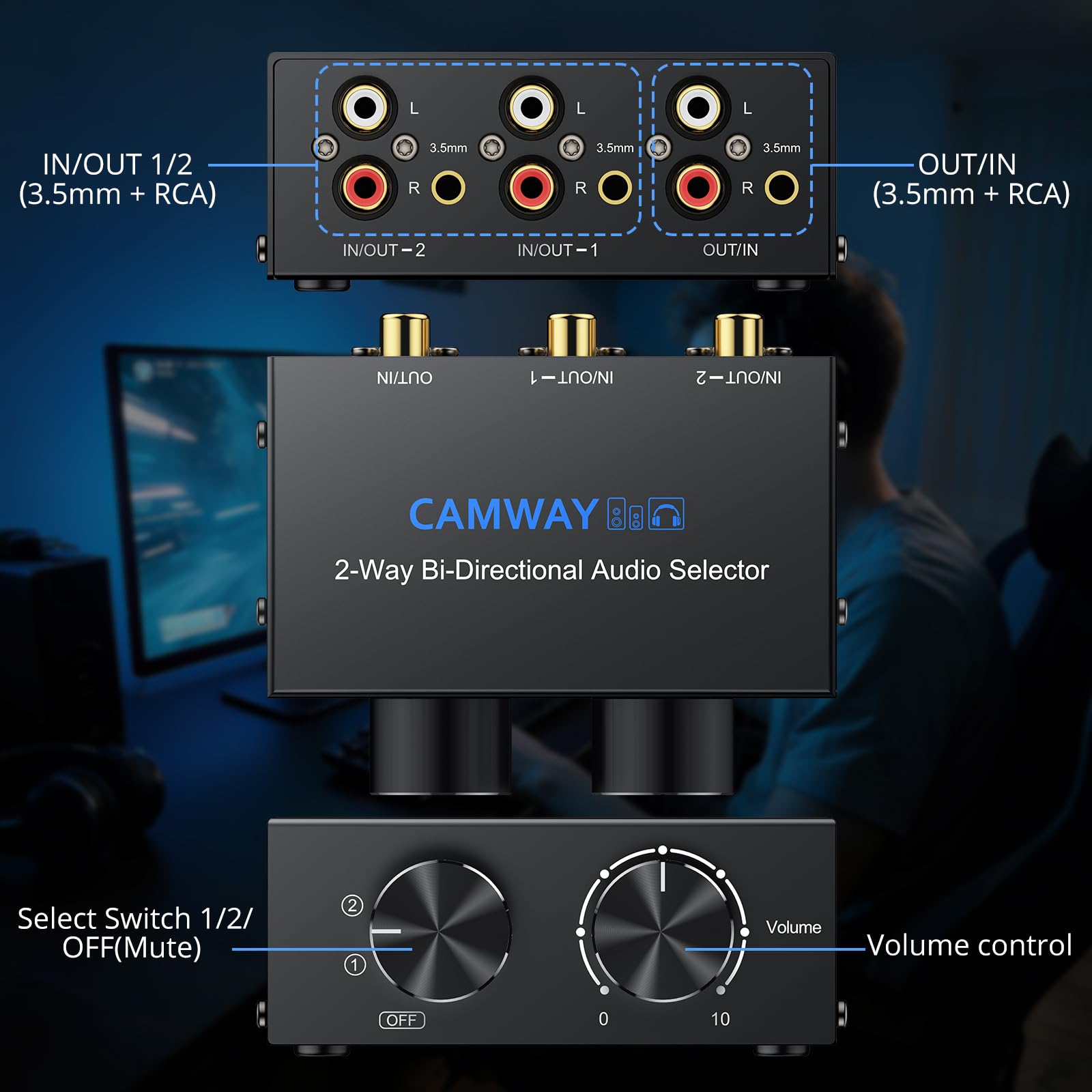 CAMWAY RCA L/R i pomocniczy przełącznik audio 3,5 mm, wyjście 2 w 1, 1 w 2 wyjściach, dwukierunkowy przełącznik audio stereo z regulacją głośności i pokrętłem wyłączania