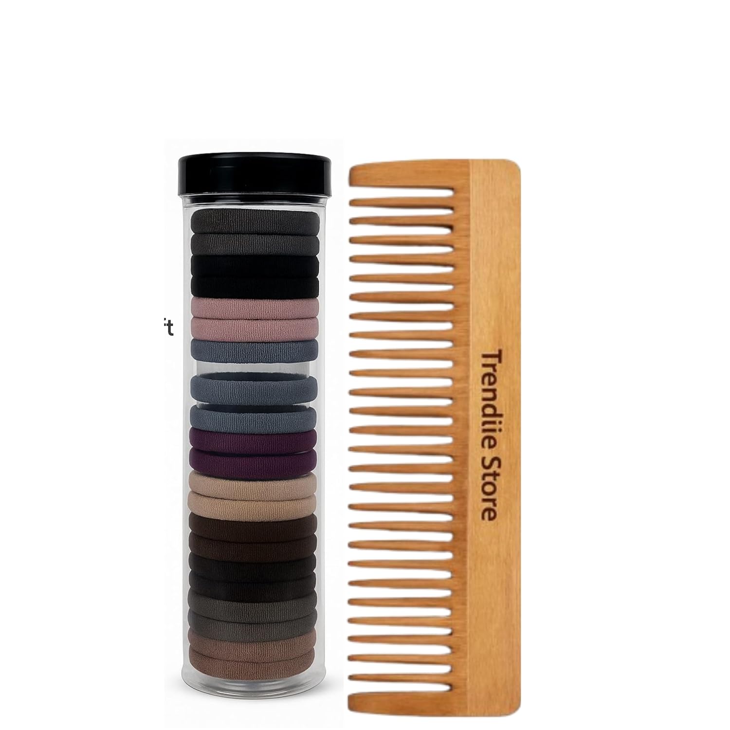 Trendiie Store Hair Care Combo – 12 Neutral Hair Ties + Handmade Neem Wood Comb | Soft Stretchable Bands & Natural Anti-Dandruff Comb for Women & Girls