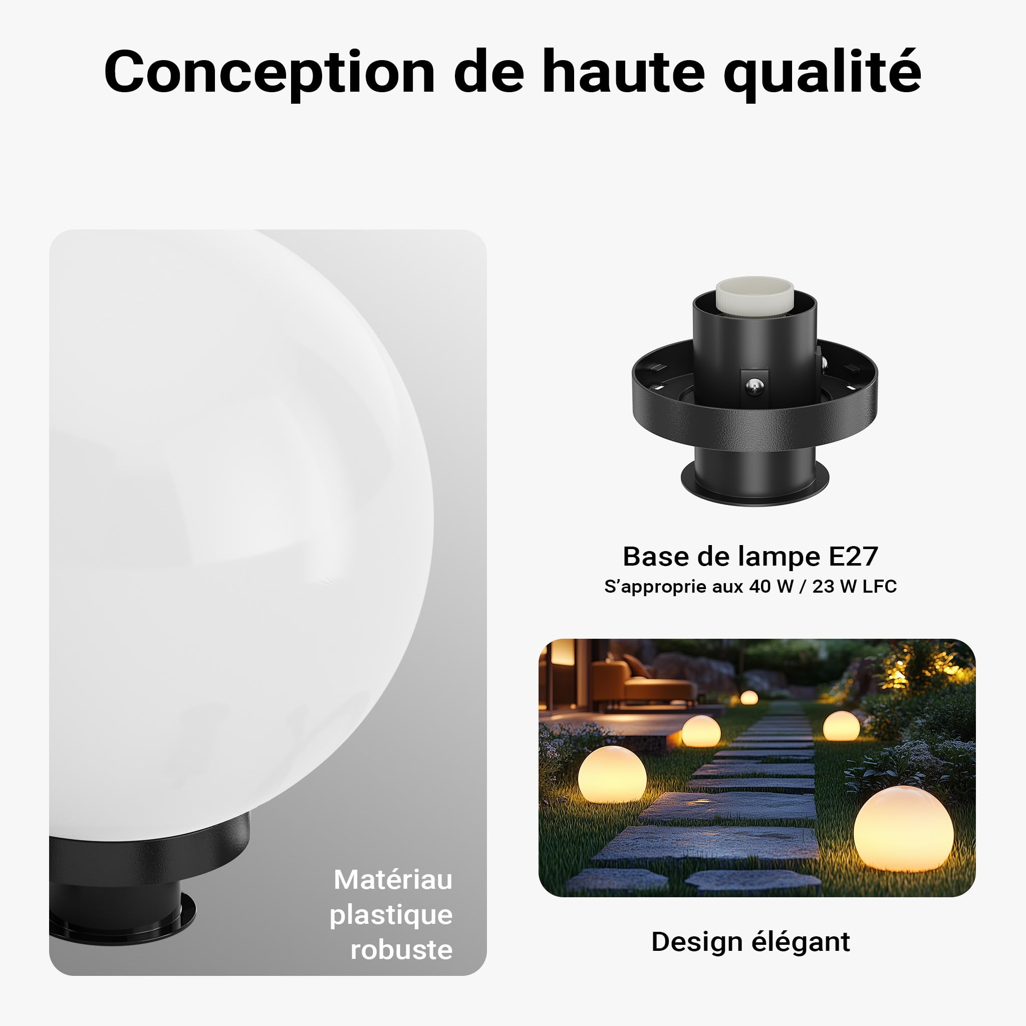 WilTec Lampe boule extérieure – 300 x 300 x 510 mm – Ø 30 cm – Luminaire ronde de jardin avec piquet – Lampadaire IP44 avec Douille de 40W E27