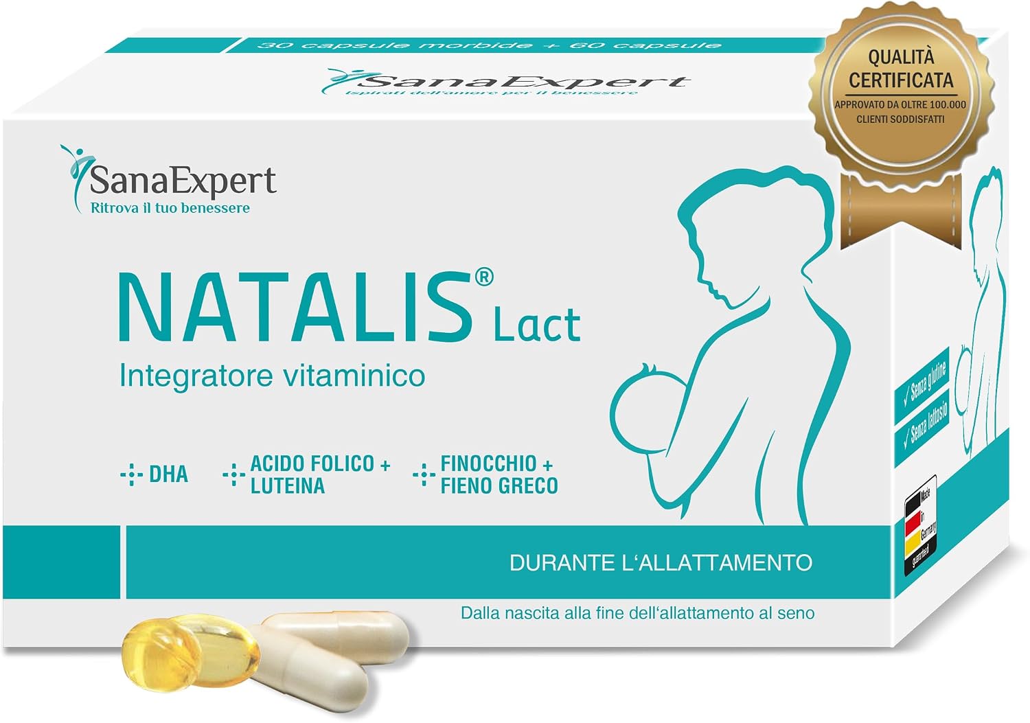 SanaExpert Natalis Lact - Integratore Nutrizionale per l'Allattamento - Con DHA, Acido Folico, Omega-3, Finocchio e Fieno Greco - 90 Capsule - Prodotto in Germania