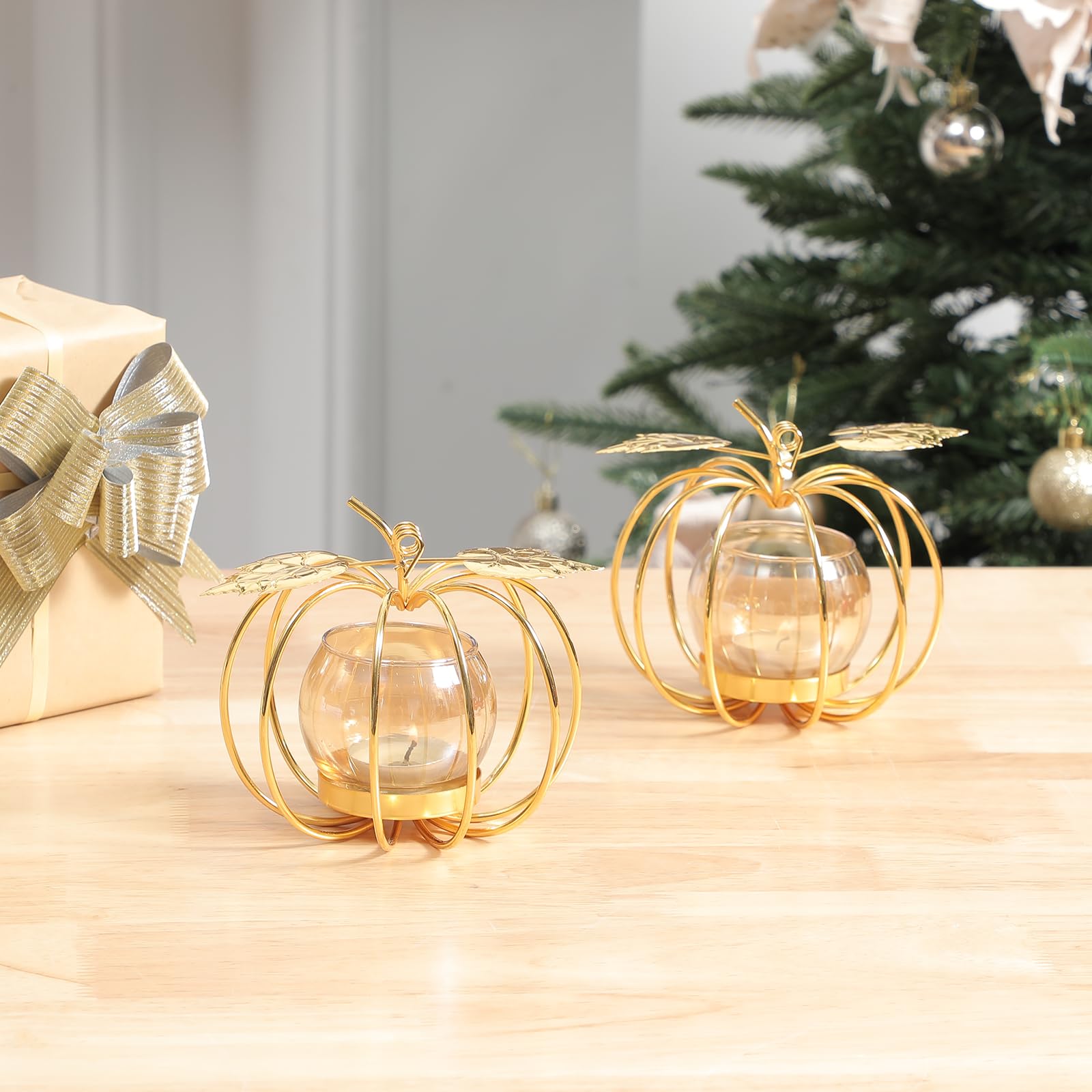 Photo 1 of **MISSING GLASS HOLDERS** 
RED SECRET R Gold Pumpkin Votive Candle Holders - 2 Pc Set