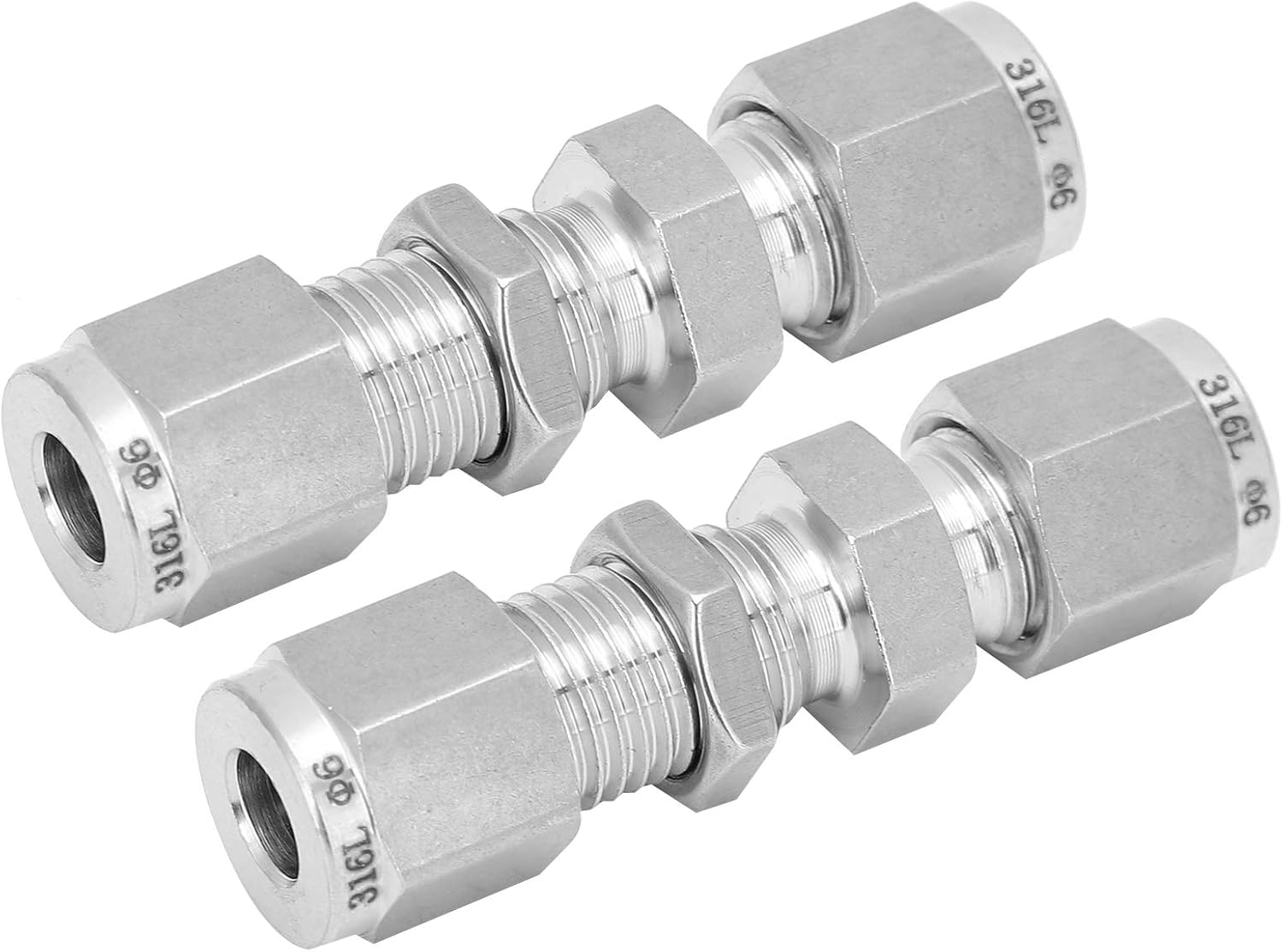 2Pcs Compression Bulkhead Fitting, 316 Stainless Steel Double Ferrule Connector, High Pressure Hydraulic Bulkhead Fitting for Industrial Piping Systems (F6)