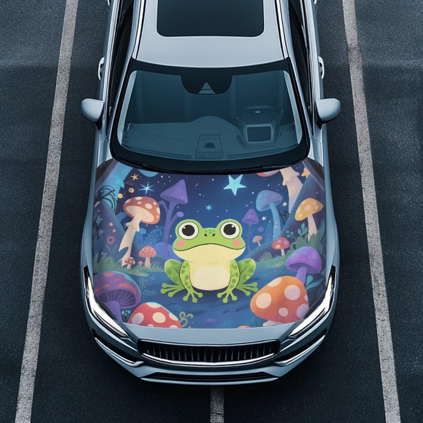 Cartoon Frog Mushroom Car Hood Protector, Adorable Cute Frog Can be Washed Automotive Exterior Accessories for Car Hood Decoration and Protection(3X5FT) Mushroom Forest