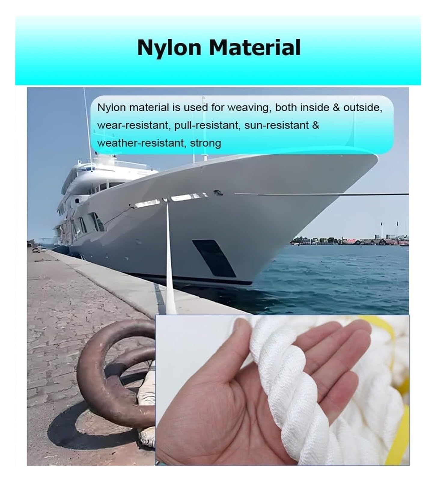 Corda intrecciata in nylon per ormeggio, Corda di ormeggio in nylon intrecciato a 3 fili Lunghezza 10-100 m Diametro 12-24 mm(22mm/0.87",30m/98')