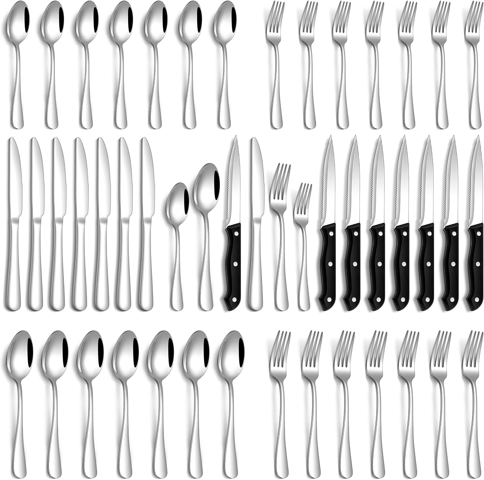 Silverware Set, 48-Piece Flatware Set with Steak Knives for 8, Stainless Steel Mirror Cutlery Include Forks Spoons and Knives Set, Dishwasher Safe Utensils Set for Home Restaurant