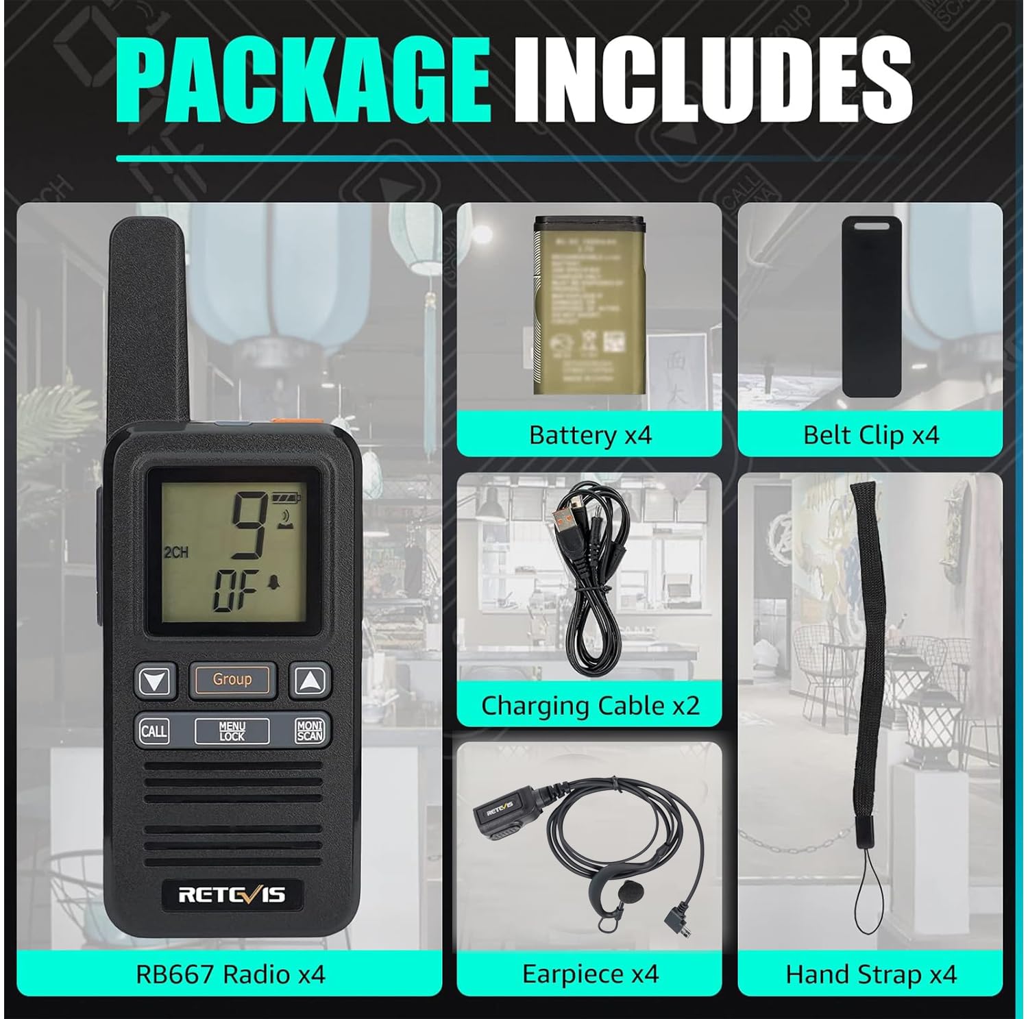 Retevis RB667 Walkie Talkie con Auriculares, Recargable Walkie Talkie Professional 1600mAh, PMR446 Llamada de Grupo, VOX, Squelch, Radiocomunicación para Camareros, Restaurante (4 Pcs, Negro)