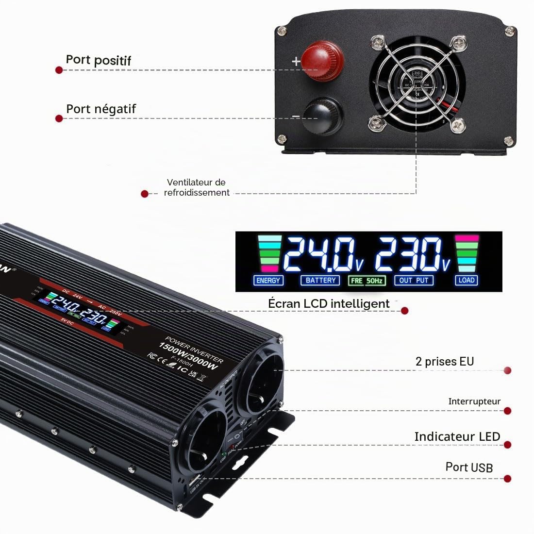 LVYUAN Convertisseur 24V 220V 1500W/3000W Convertisseur de Tension avec écran LCD, 2 Prises UE, USB 5V et Allume Cigare de Voiture, Noir