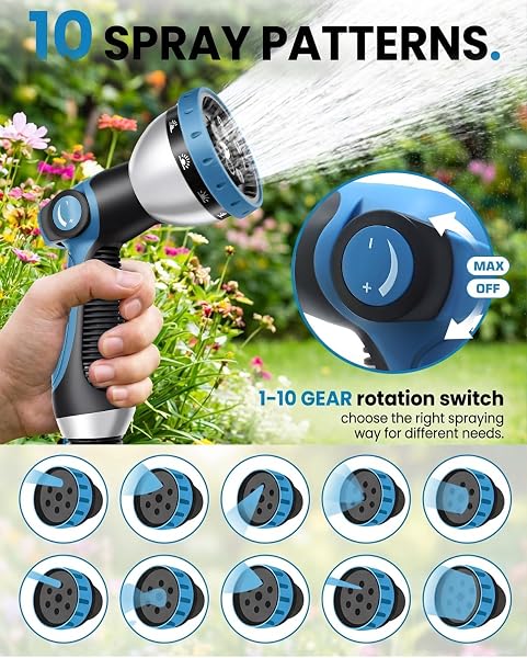 Garden Hose Pipe, 30M/100FT Expandable Garden Hose, 10 Spray Mode Hosepipe for Garden, 4 Layer Latex, 3/4"&1/2" Metal Connectors, Hands-Free Spray Gun, Flexible & No-Leak Water Hose for Washing, Blue - 2