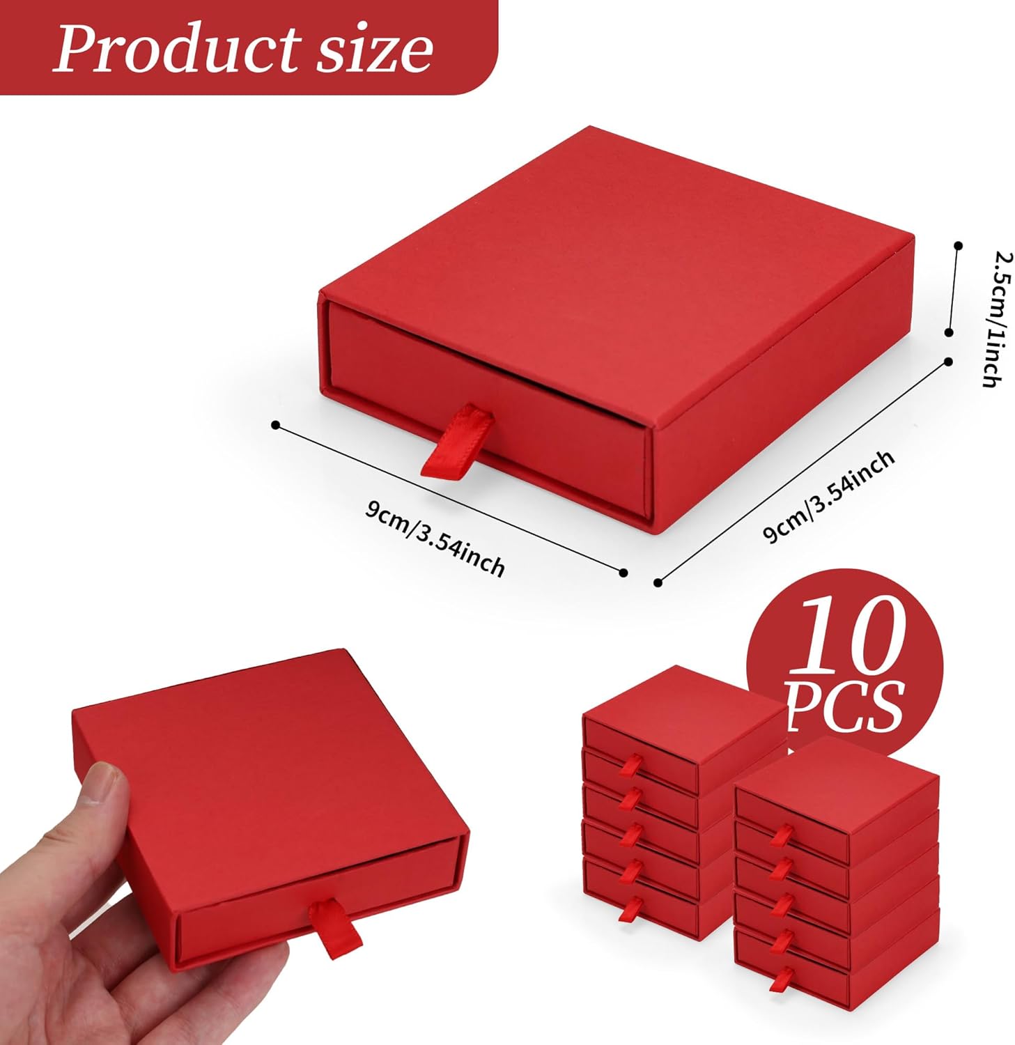 MATUFF Red Jewelry Gift Boxes 10 Pack 3.5" × 3.5" x 1", Sponge Fill Cardboard Jewelry Box Bulk, Drawer Style Small Gift Boxes for Necklace Pendant Bracelet Ring Earring Display and Storage 1 Count (Pack of 10) Red
