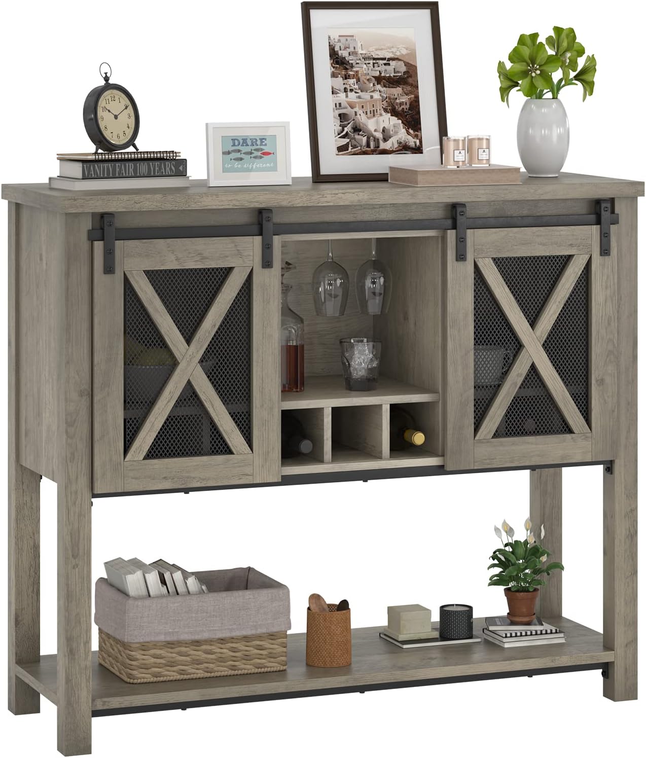 IDEALHOUSE Wine Bar Cabinet with Sliding Barn Door, Coffee Cabinet with Wine Rack and Glass Holder, Kitchen Buffet Sideboard with Storage, Liquor Bar for Living Room, Dining Room, White
