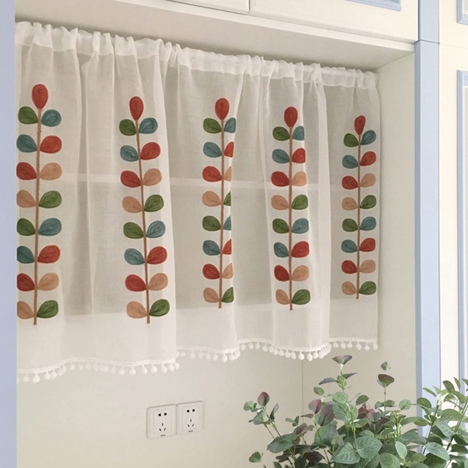 Rideau court de fenêtre à motif feuilles pour cuisine et balcon