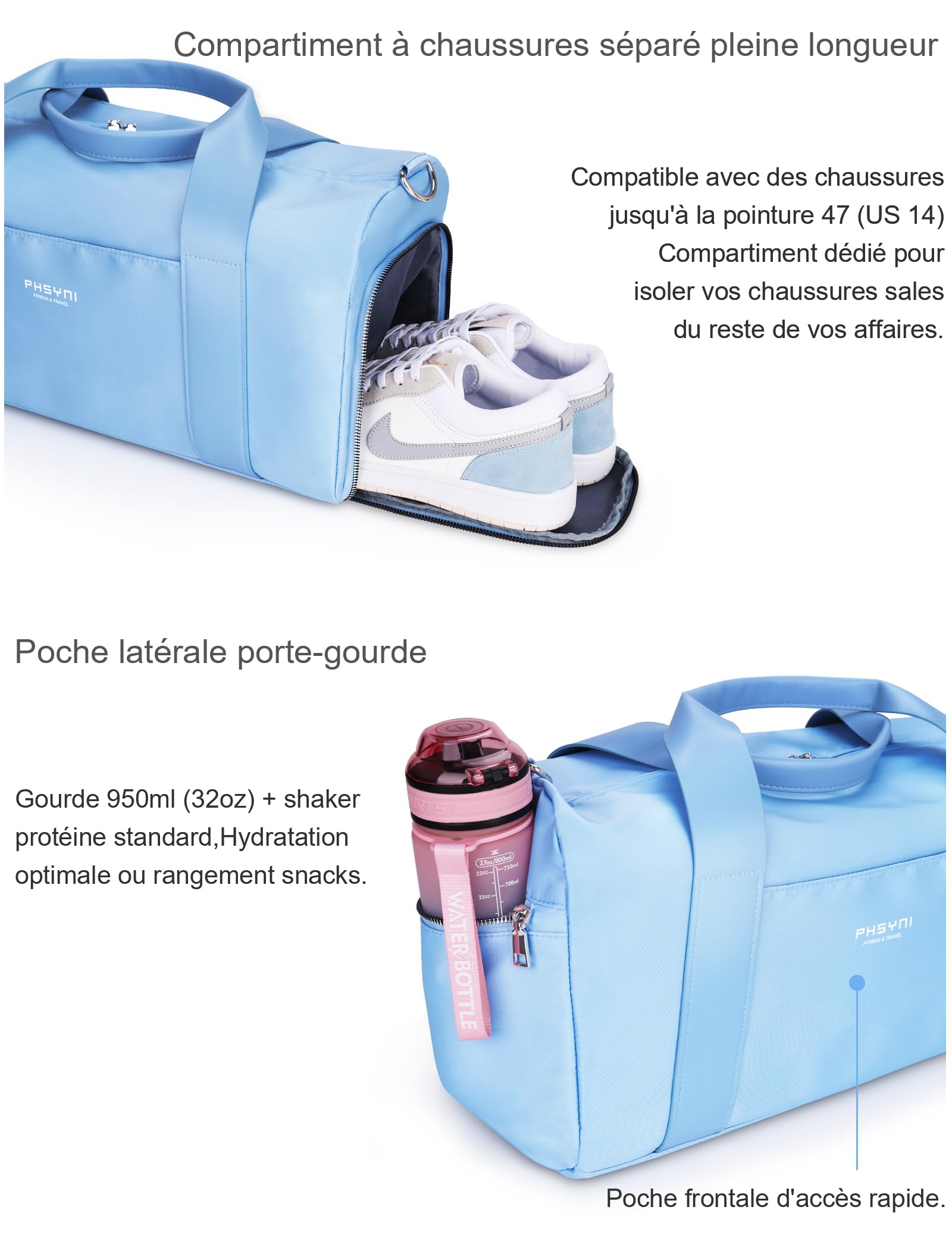 19 Pouces Sac De Sport Femme,Sac De Voyage Femme,avec Compartiment À Chaussures Et Poche Imperméable,pour Les Voyages, La Danse, Sportives Sac D'entraînement (Bleu,49x20x25 CM,25L)