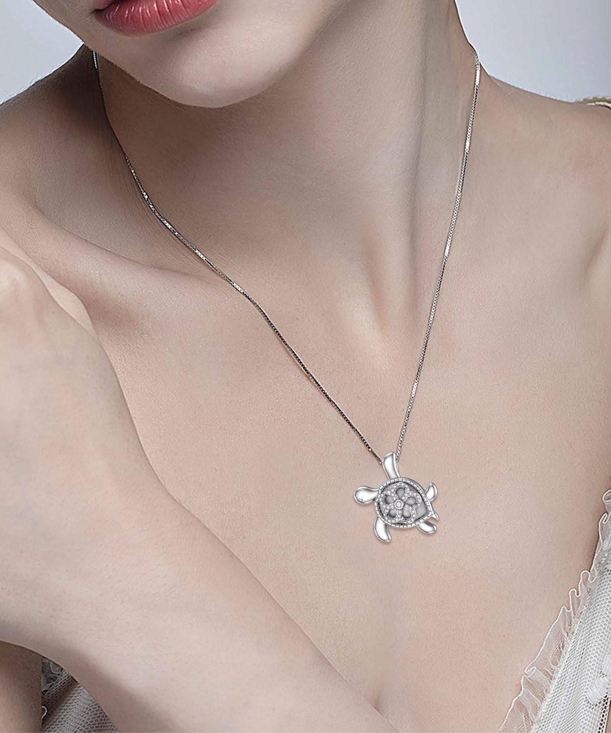 1/40 Carat Diamond Sea Turtle Necklace for Women 925 Sterling Silver Turtle Flower Pendant Necklace 18K White Gold Plated Ocean Jewelry - Image 3
