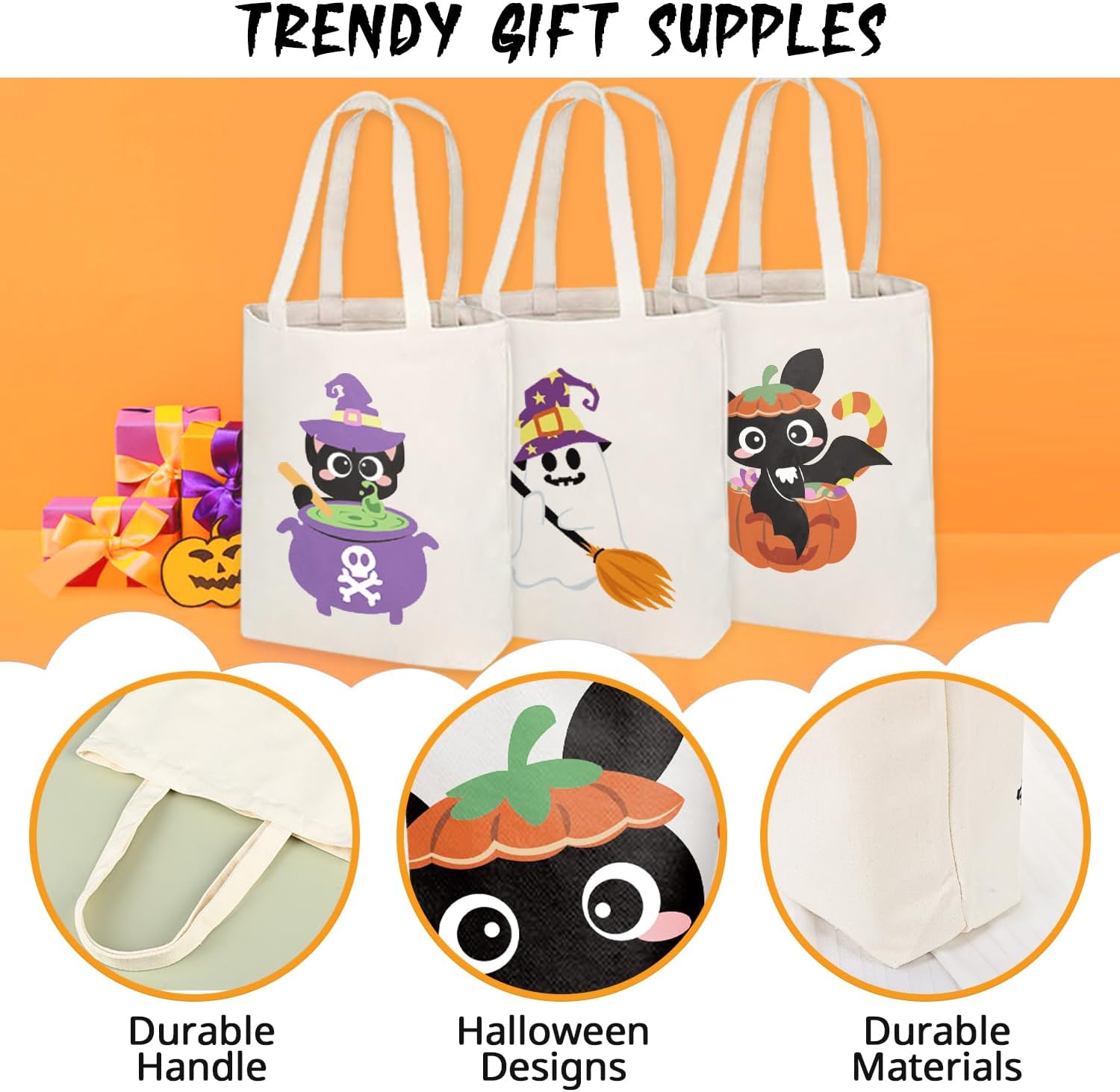3 Large Halloween Tote Bags, Reusable Canvas Bags for Halloween Trick or Treat Grocery Shopping Party Favor Goodie Bags - Image 4