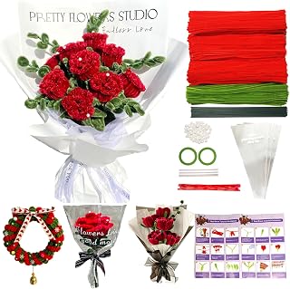 400 Pcs Pipe Cleaner Craft Kit: 2 Colors Pipe Cleaners Bulk, Flower Bouquet Chenille Stems Making Kit with Floral Wires, Gardening Tape, Pearl & Ribbon for Wedding Gift Decoration (Red)