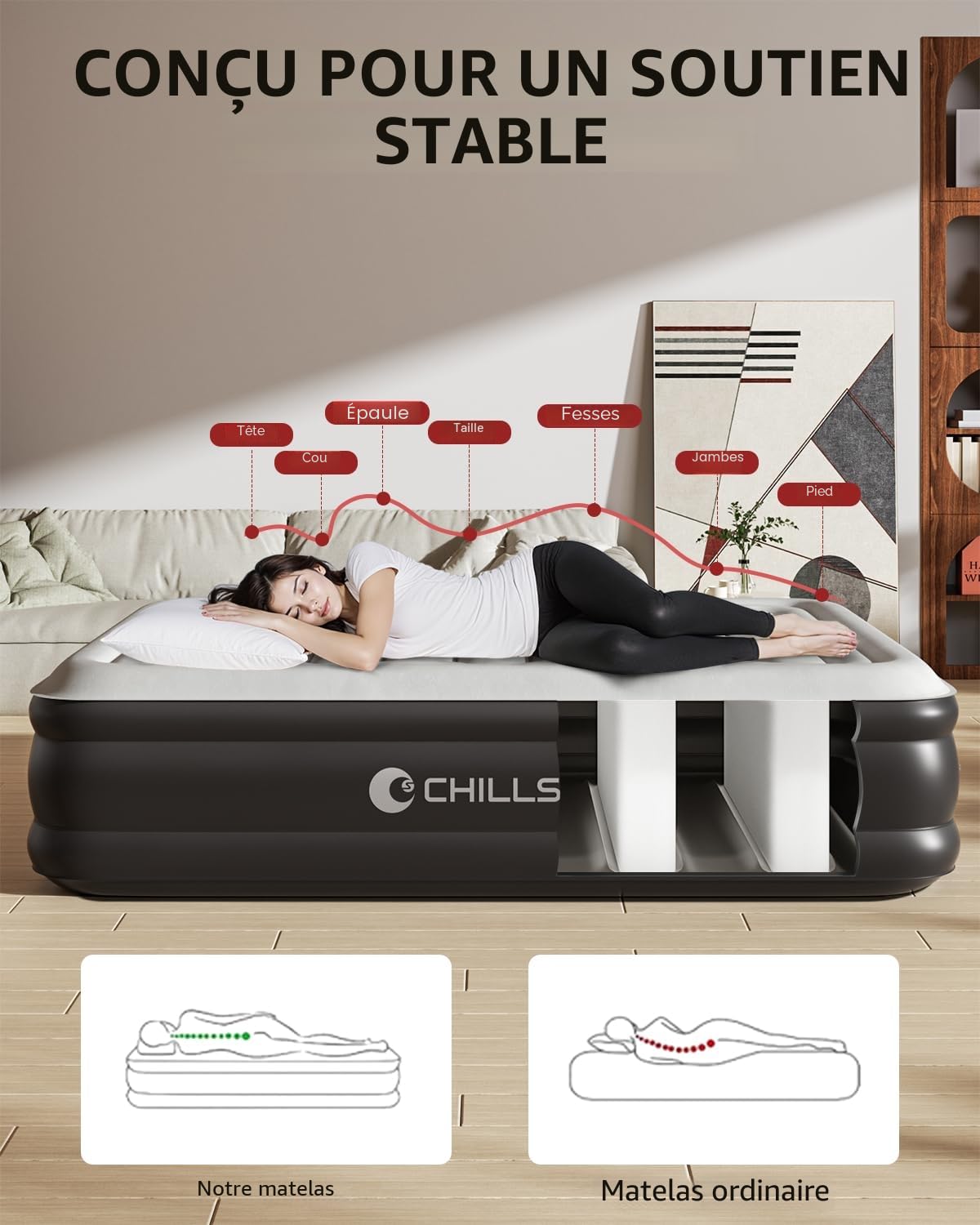CHILLSUN Matelas Gonflable 2 Personnes 203x152x46cm Lit Gonflable Surface Flockée Étanche Pompe