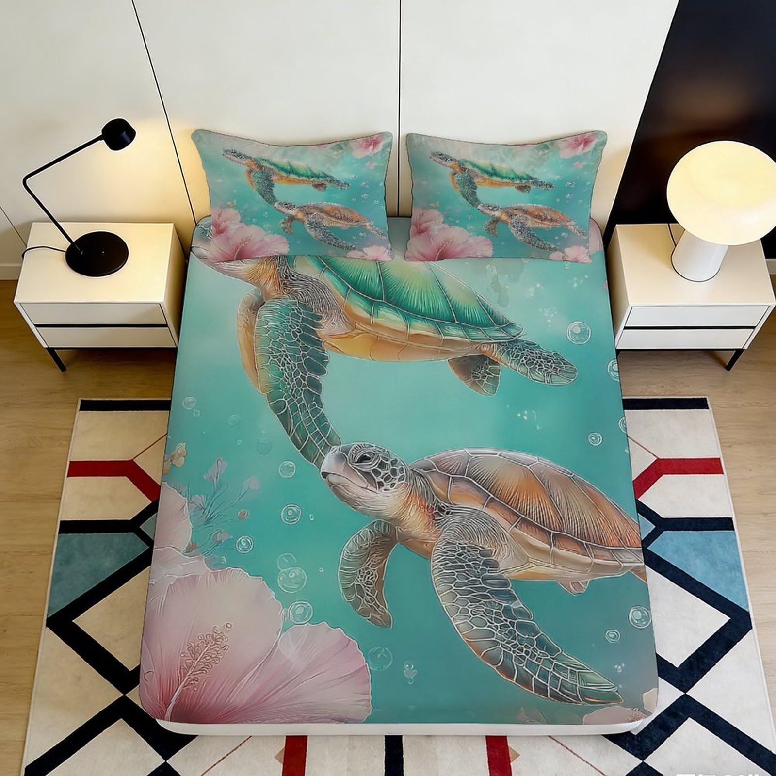 Jqzkxnhpbr Style-3 3D Printed Sea Turtle Ocean Fitted Sheet Microfiber Soft Bed Cover Floral Mattress Protector For Bedroom Decor 90X200x25cm