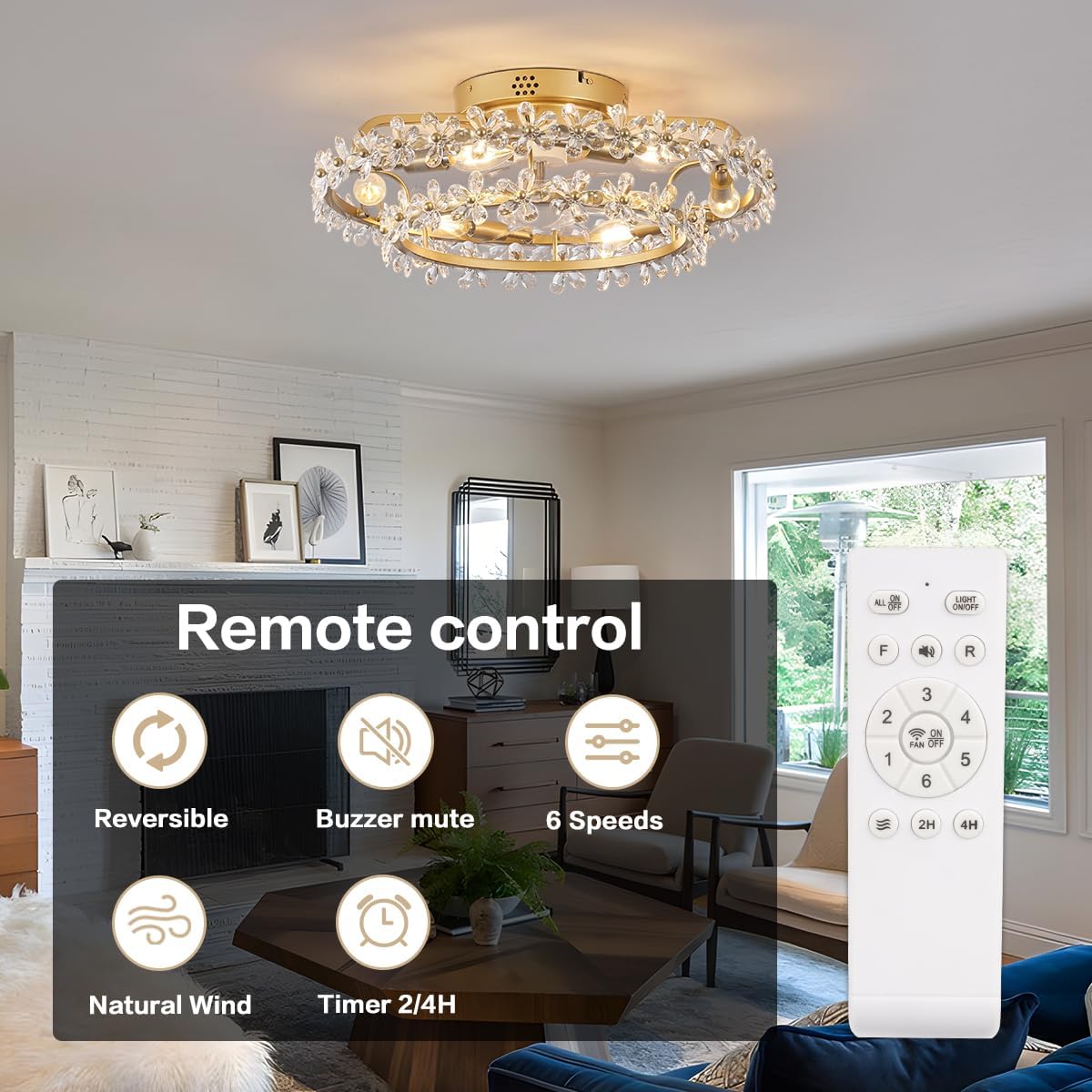 20" Chandelier Fan Bladeless Ceiling Fan with Light, Boho Fandelier Caged Ceiling Fans with Lights and Remote, Modern Flower Ceiling Fan with Light for Girl's Bedroom, Living Room