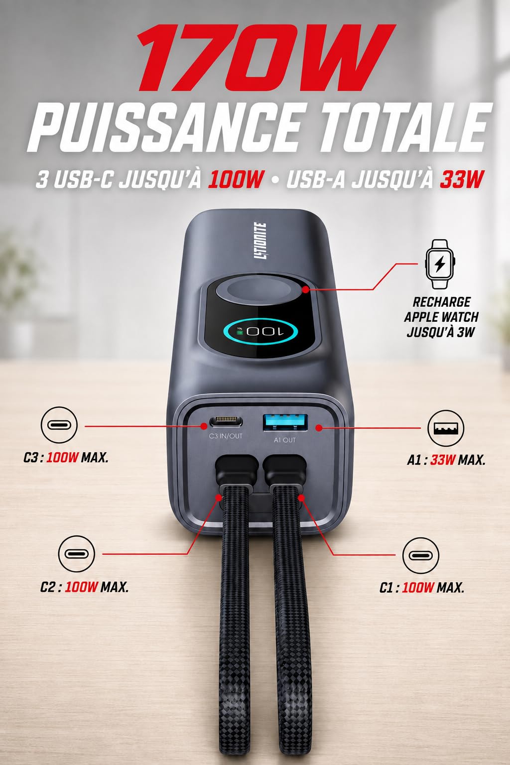 LITIONITE Numo Batterie Externe 25000 mAh 170W, 2 Câbles USB-C Intégrés 100W, Recharge Magnétique Compatible Apple Watch, Power Bank pour PC Portable, MacBook, iPhone, iPad et Nintendo Switch