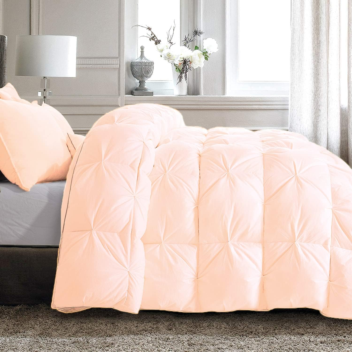 All-Season – Luxury Pinch Pleated Pintuck Olympic Queen 98x98 Size 3 Piece Quilted Comforter Set, 400 GSM Microfiber Fill Box Stitched with 4 Corner tabs - Machine Washable, Blush Solid