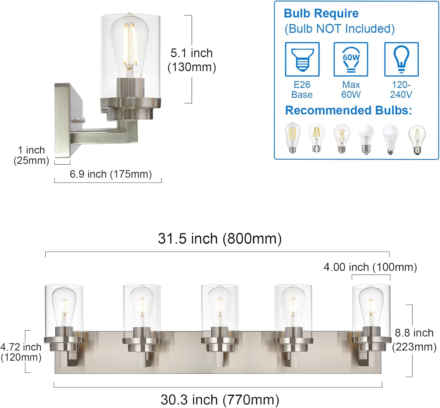 MELUCEE 5-Light Bathroom Vanity Light Brushed Nickel Finish with Clear Glass Shade, Modern Wall Mount Light Fixtures for Bedroom Powder Room Hallway