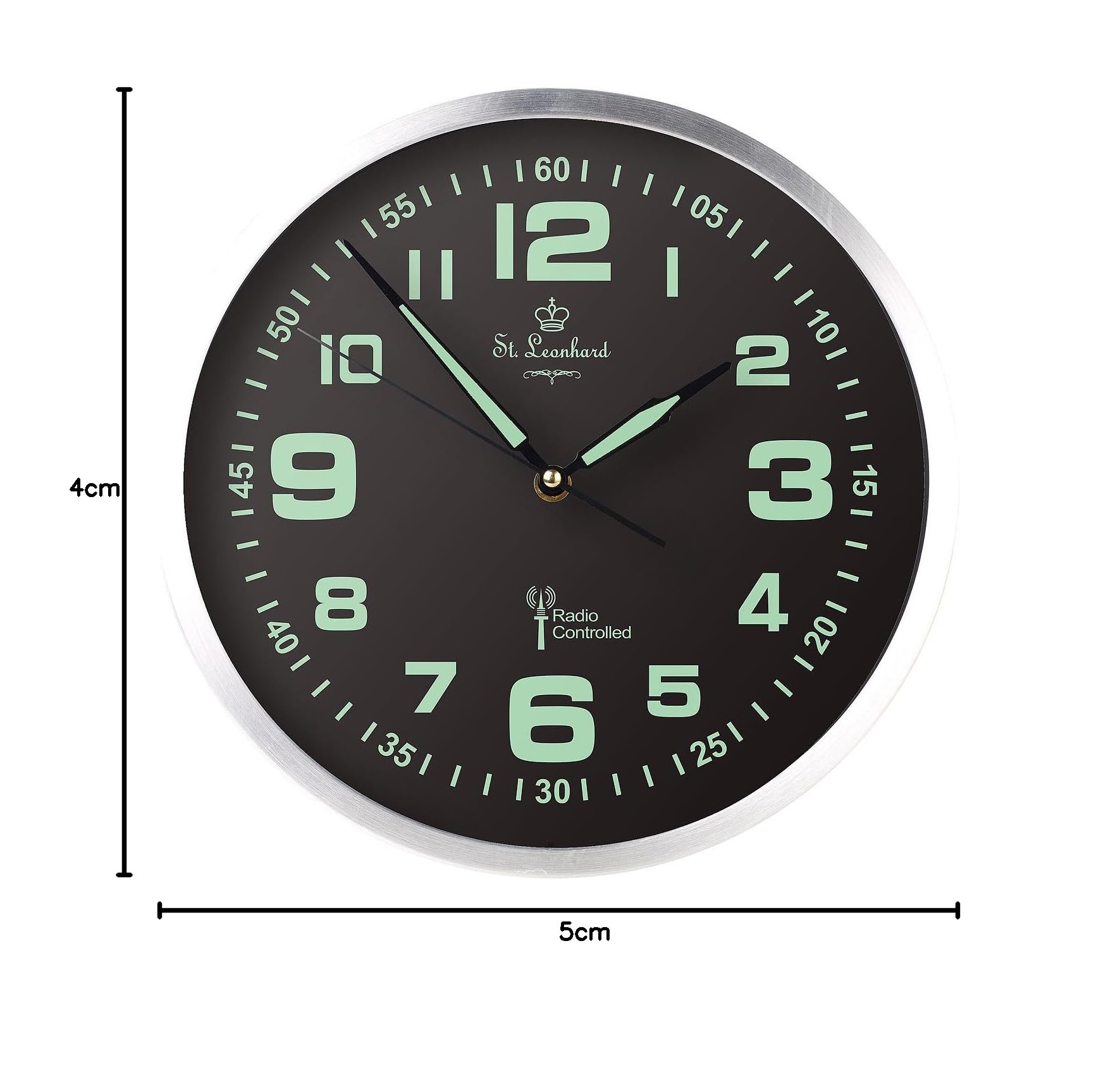 Funk Wanduhr lautlos: Funk-Wanduhr mit Quarz-Uhrwerk, nachleuchtenden Ziffern und Zeigern (Leuchtende Zeiger, lautlos Leuchtend, groß)