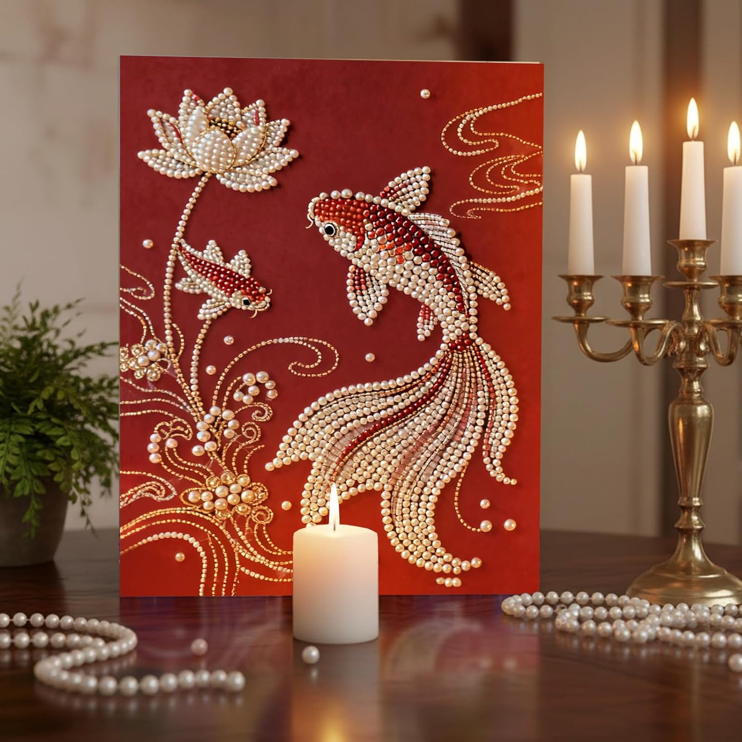 DIY Diamond Pearl Painting Kit for Adults, Flower 3D Pearl Painting Craft with Wooden Frame 40x50cm, Beginner Friendly Home Wall Decor Art, Gift for Women Men Housewarming (Lotus Fish)