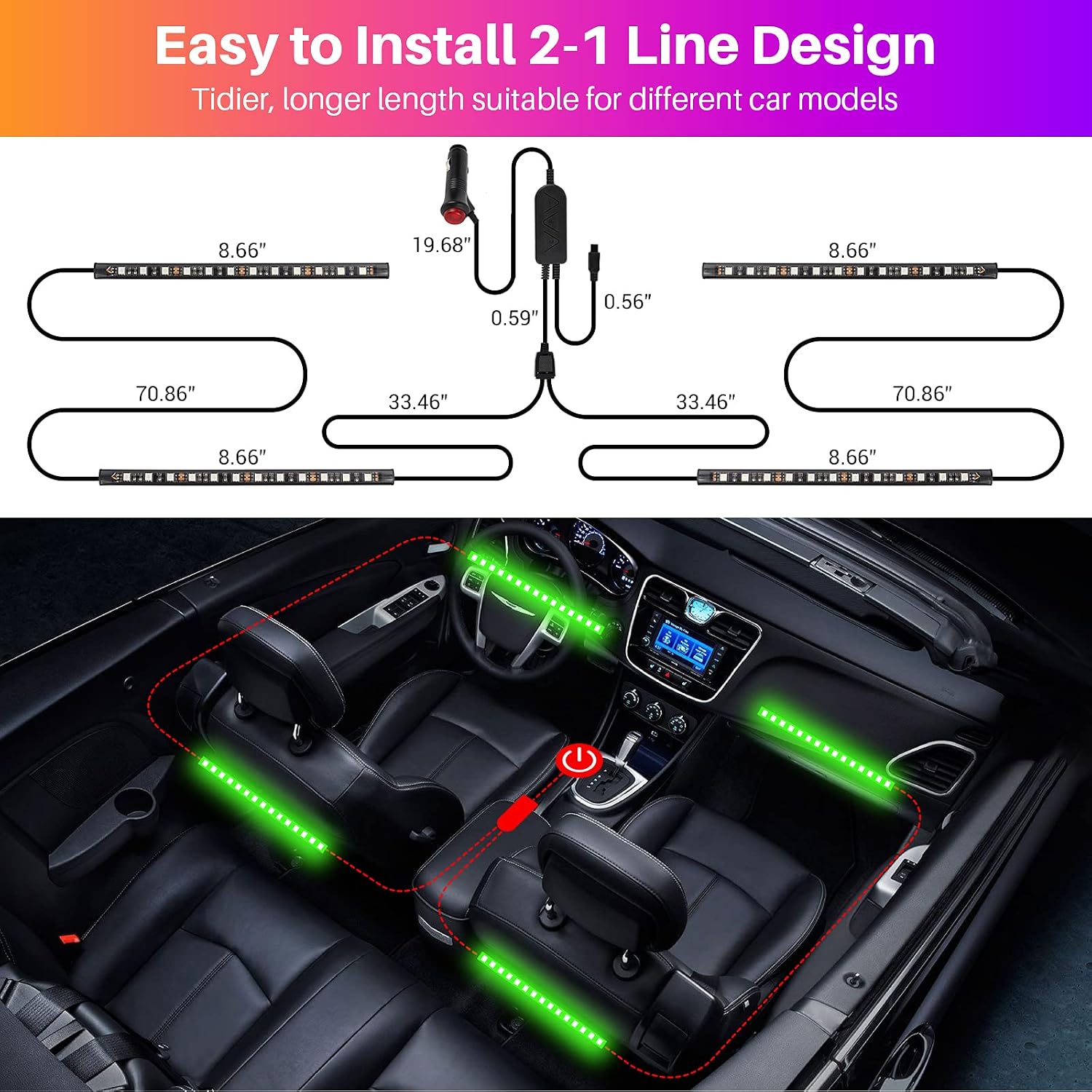 Led Lights for Car, Car Led Lights Interior with App and Remote Control, Interior Car Lights with Music Sync, Waterproof Under Dash Lighting Kit with Car Charger, Car Led Strip Lights Interior Dc 12v