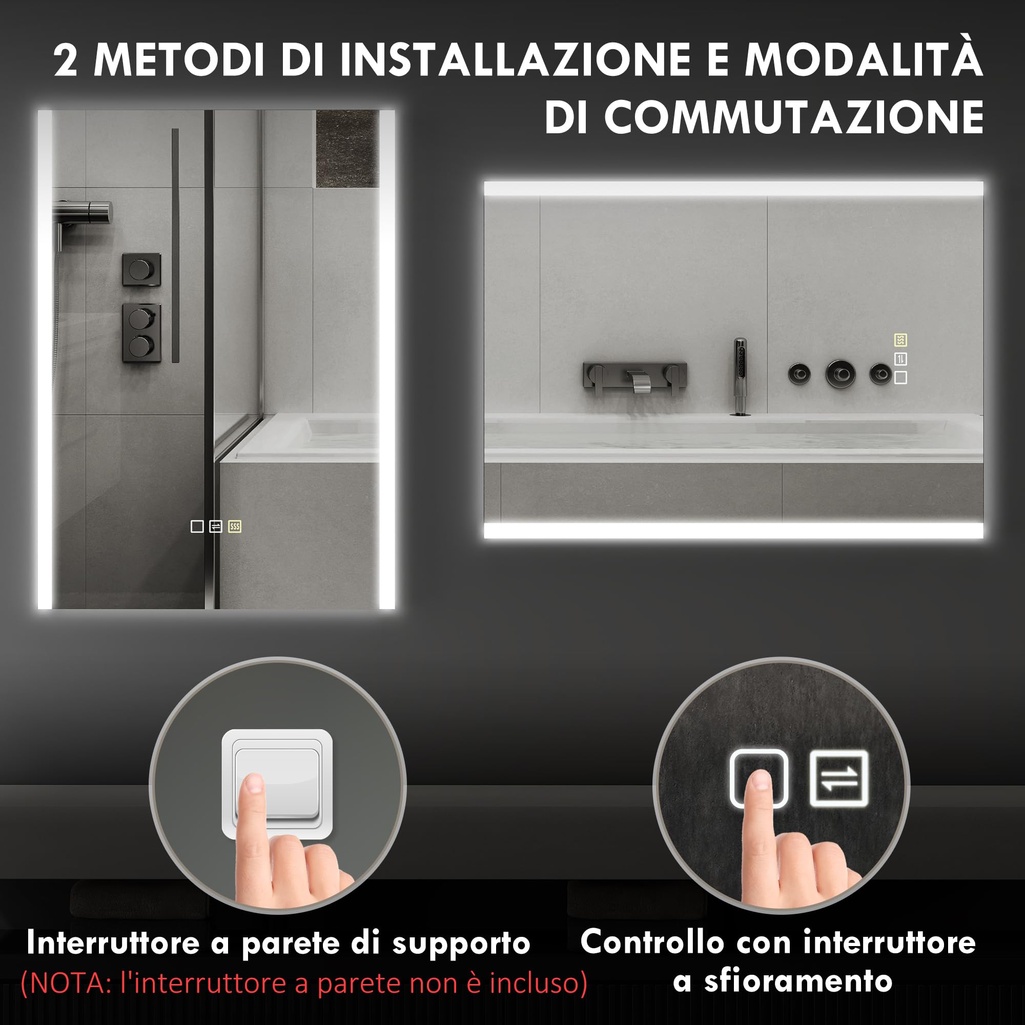 HOMCOM Specchio Bagno con Luce LED a 3 Colori 70x50 cm Antiappannamento | Specchio da Parete, Vetro Temperato Reversibile, Luminosità Regolabile, Funzione Memoria, Interruttori Touch, IP44