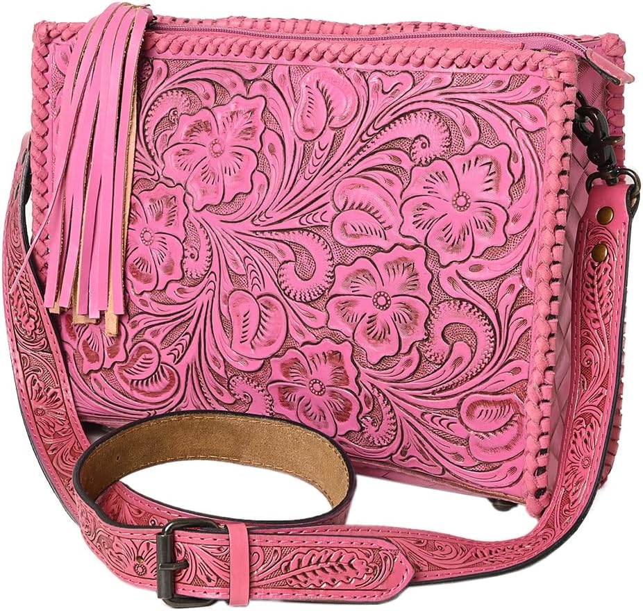 American Darling Western Hand-Tooled Leather Crossbody Bag – Genuine Floral Carved Women’s Purse with Strap and Fringe Detail