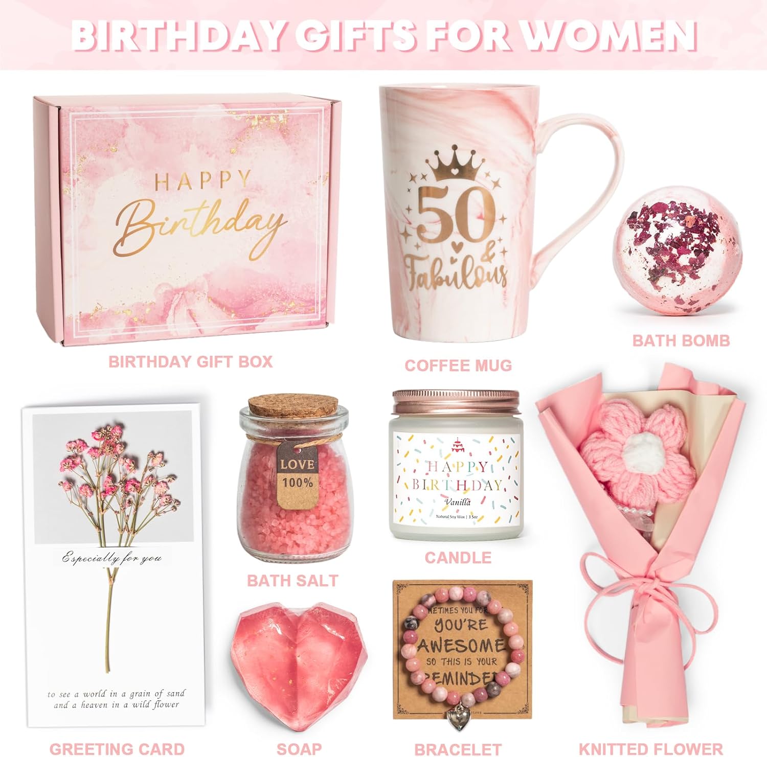 50th Birthday Gifts for Women, Happy 50 Year Old Birthday Gift Ideas Decorations for Grandma Wife Mom Sister Woman Aunt Friends Her, Pink 50 Fabulous Ceramic Marble Mug 14Oz, Turning Fifty Baskets - Image 7