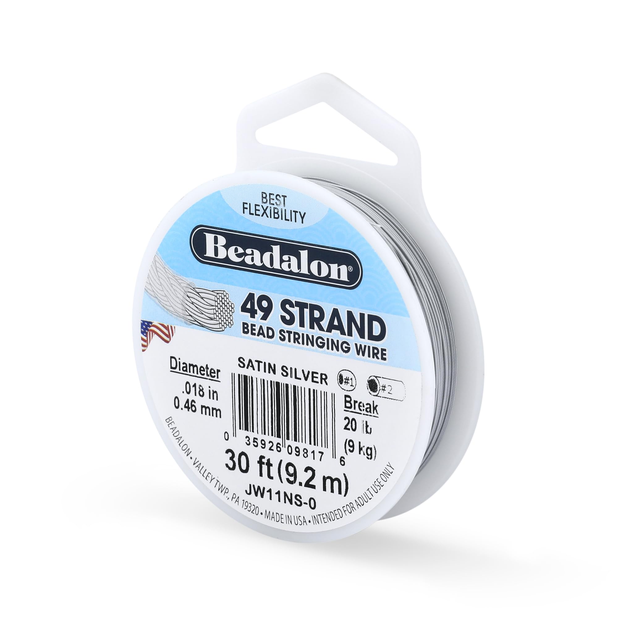 Beadalon 0.46 mm Diameter 9.2 m Reel 49 Strand Wire, Satin Silver