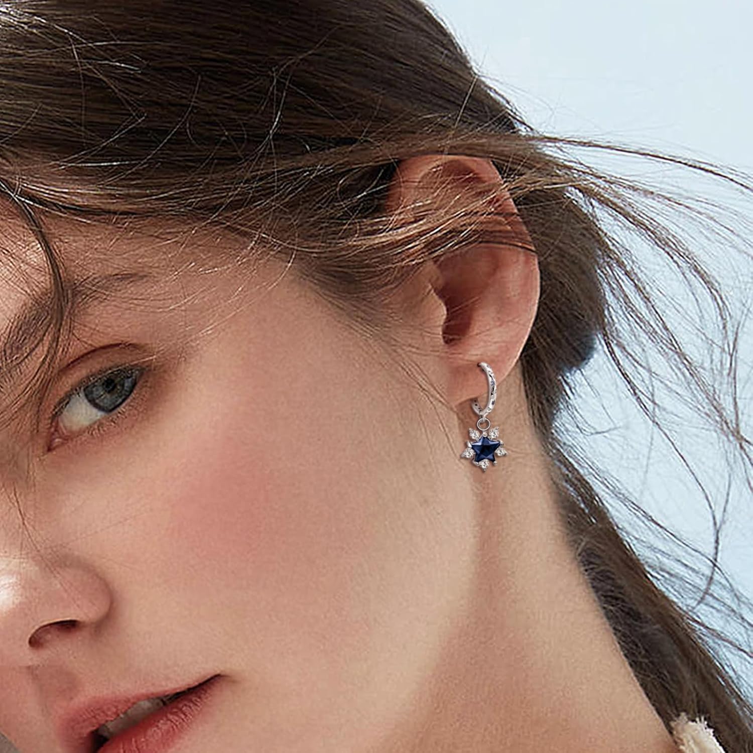 Blue Star Earrings for Women - Sterling Silver Hoop Huggie Earrings Hypoallergenic White Dark Blue Cubic Zirconia Star Moon Sun Earring Jewelry Gifts for Teen Girls for Christmas - Image 3