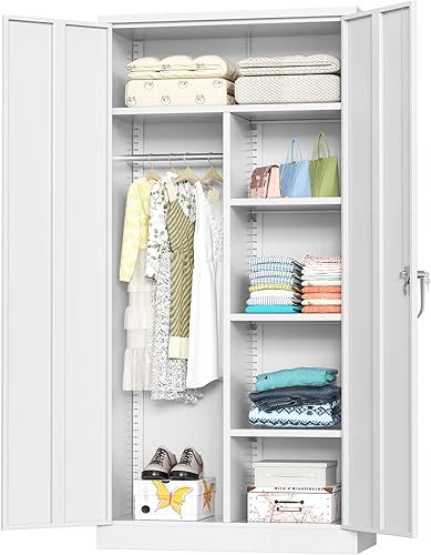 Vista 145 de INTERGREAT Armario de almacenamiento de metal, armarios de acero con cerradura de 72 pulgadas de alto con puertas de bloqueo, armario de Gris blanco