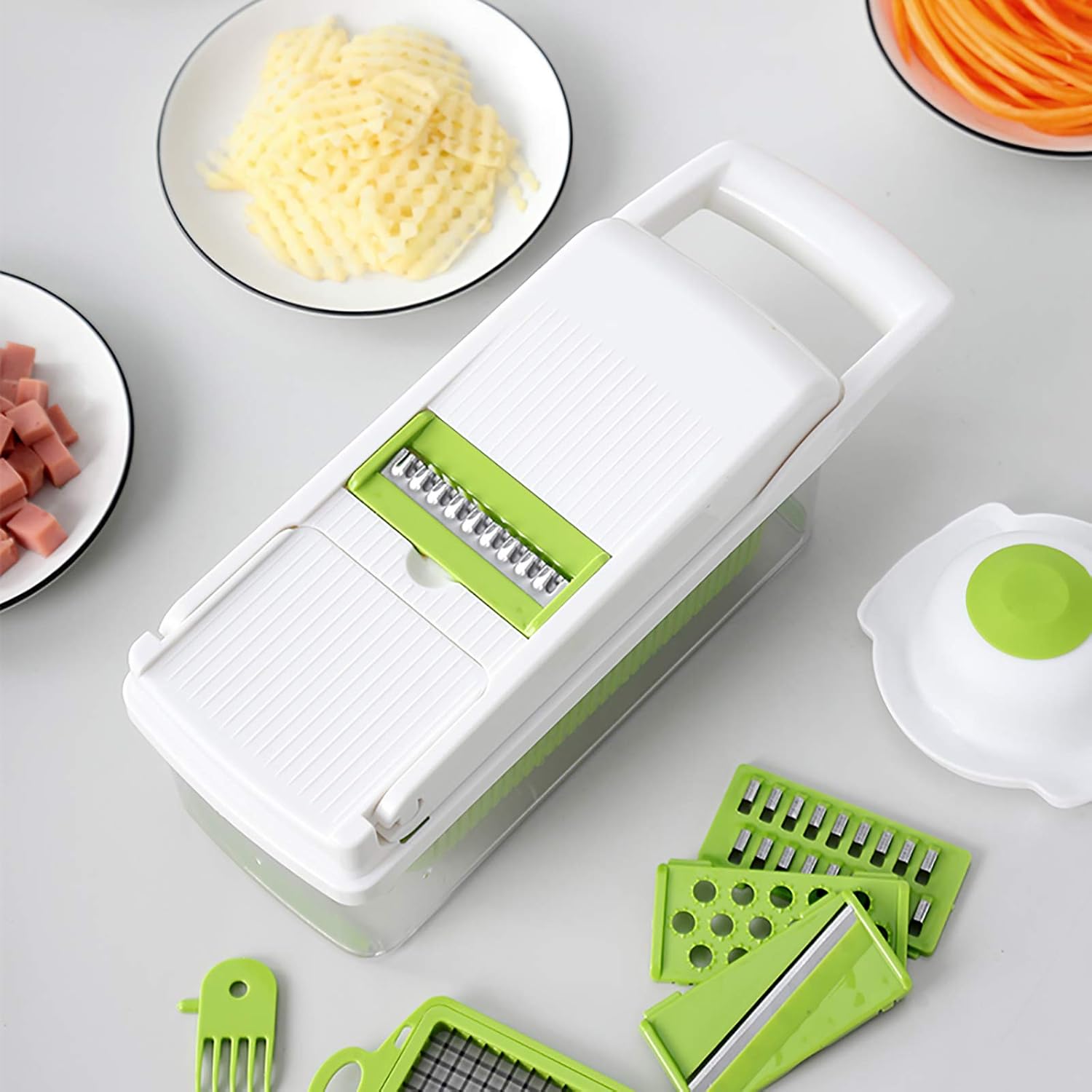 Multifunctional Onion Mincer Chopper Dicer Cucumber Tomato Potato Salad Apple Food Chopper with Clean Brush and Drain Basket Fruit Vegetable Chopper Kitchen Mandoline Slicer Cutter-Grey 32x12x11cm(1