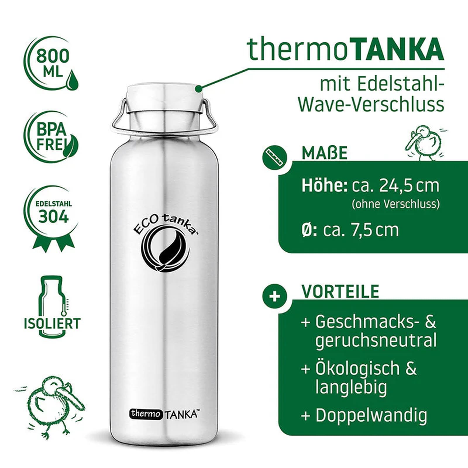 ECOtanka 0,8L Edelstahl thermoTANKA™ Thermo-Trinkflasche | Doppelwandig, Vakuumisoliert | Hält Getränke >8 Std. heiß/kalt | Perfekt für Tee, Kaffee, Glühwein, Punsch | Ideal für Freizeit und Sport