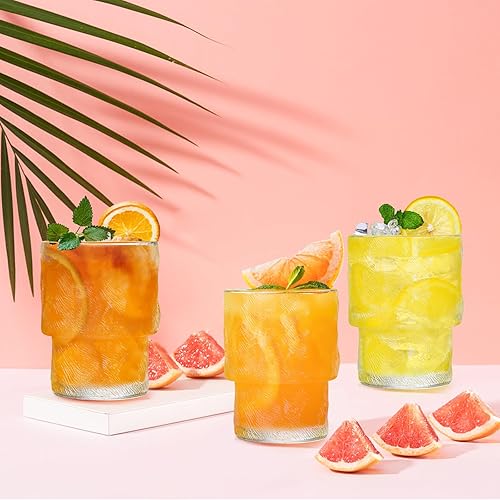 Miniatura 7 de Frcctre Paquete de 8 vasos apilables para beber de 6.5 onzas, románticos vasos de cóctel Lowball, pequeños vasos de vidrio con estrías vintage para