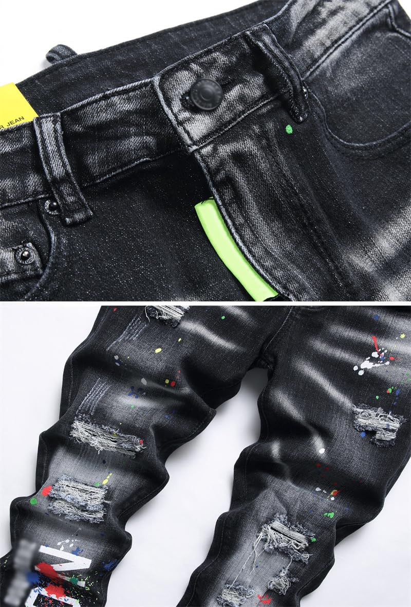 Vaqueros Hombre Slim Fit – Pantalones de Mezclilla Elástica con Diseño de Roturas, Estilo Hip-Hop Streetwear Y2K, Efecto de Salpicado de Tinta, Moda Casual y Versátil