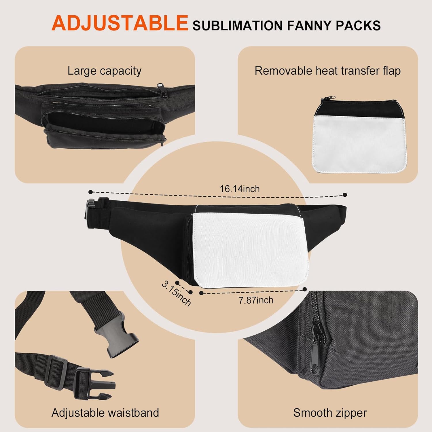 8pcs Sublimation Fanny Pack Blanks,Sublimation Blank Crossbody Mens Fanny Packs Bulk Waist Bag Running Fanny Bag for Women Belt Bags Sublimation Bags Adjustable Strap DIY Gifts for Family and Friends - Image 2