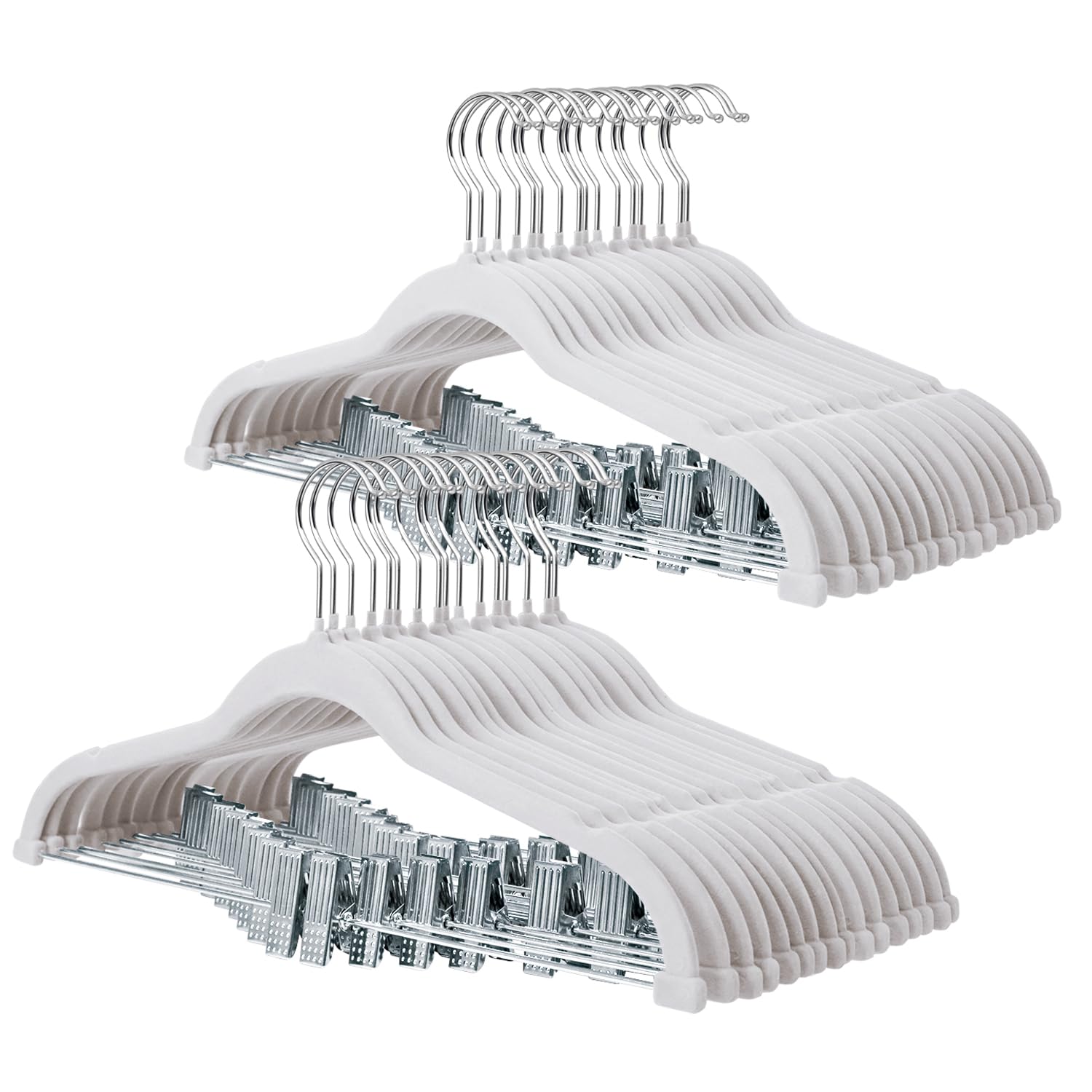 ManGotree Perchas para Pantalones con Pinzas Móviles, Perchas de Terciopelo Antideslizantes, Ahorran Espacio para Camisas, Pantalones, Vestidos, Faldas, Abrigos (32 Pack, Blanco)