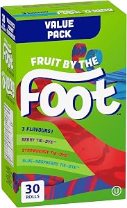 BETTY CROCKER FRUIT BY THE FOOT - VALUE PACK SIZE - Strawberry, Blue Raspberry, Berry Tie-Dye Fruit Flavoured Snacks, Pack of 30 Rolls, 637 Grams Package of Fruit Flavoured Snacks