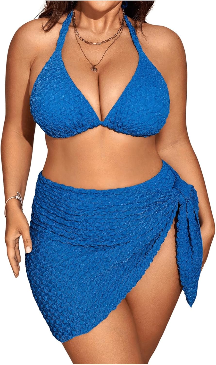 MakeMeChic Women's Plus Size 3 Piece Bikini Sets Tie Backless Halter Triangle Swimsuit Bathing Suit Cover Up Beach Skirts